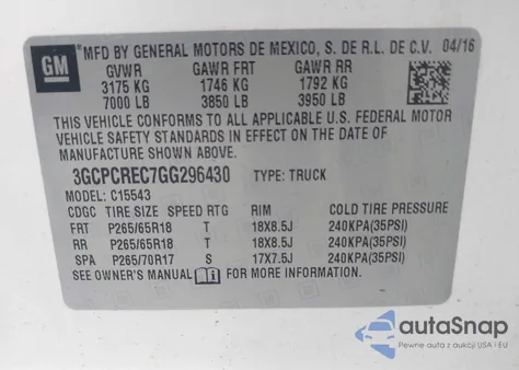 2016 Chevrolet Silverado 1500 1Lt from USA, damaged, VIN 3GCPCREC7GG296430